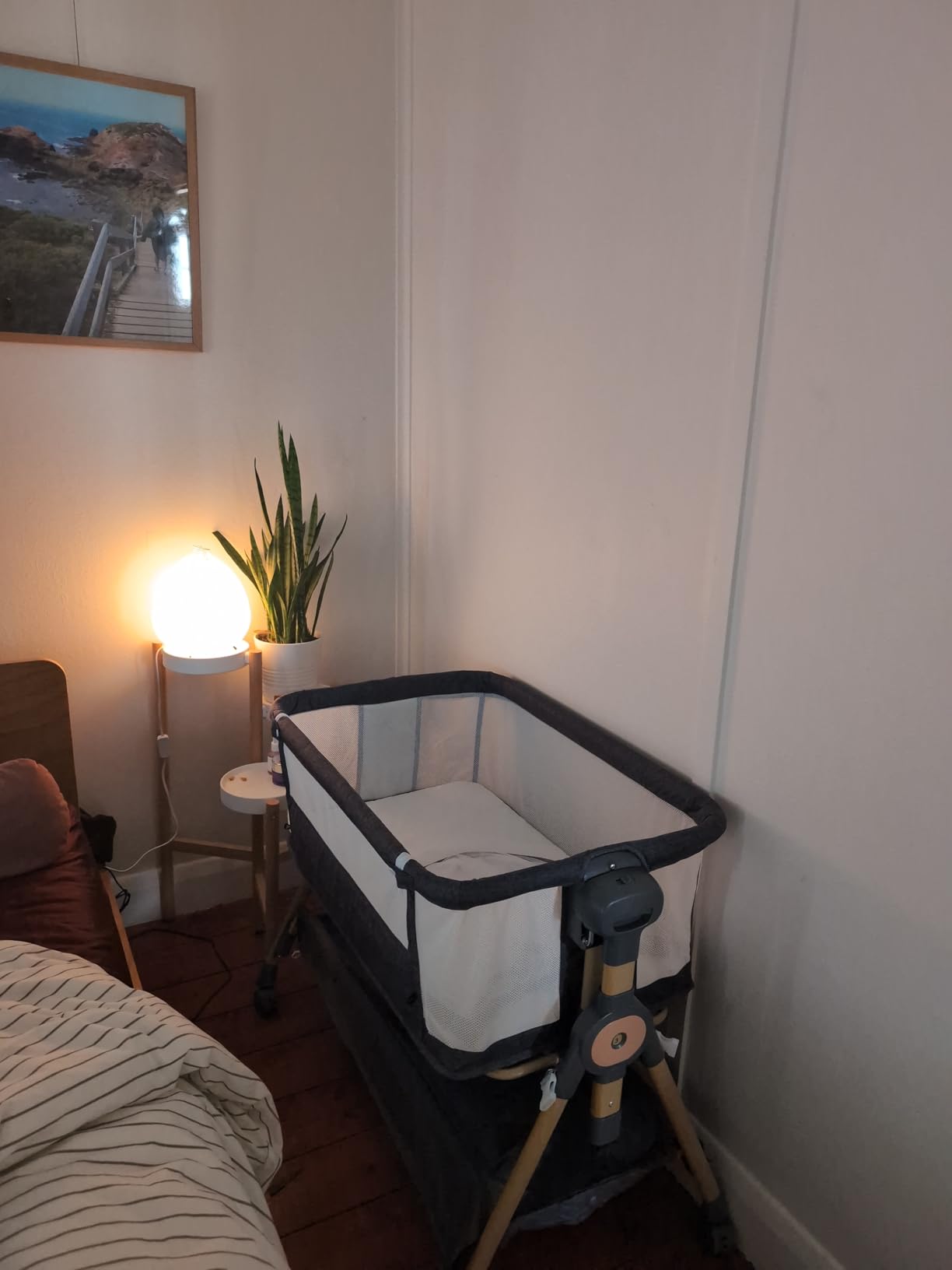 Timkos-AU bassinet beside a bed in a real apartment bedroom